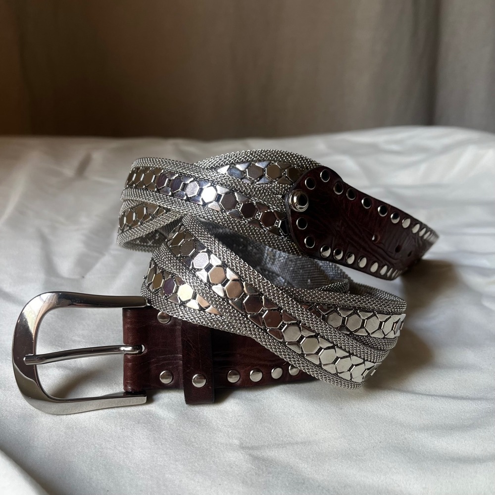 Nanni Italy Silver Mesh Leather Studded Belt 85/32 Brown Made in Italy